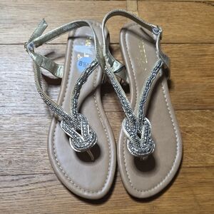 Madeline Stuart Metallic Gold Beaded Knot T-Strap Sandals